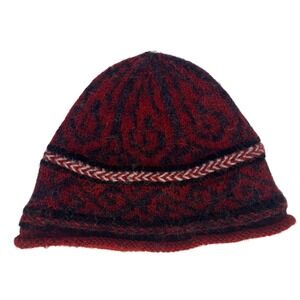 Red Black Patterned Knit Beanie Hat‎ Chunky Warm Winter Cuffed Alpaca Skull Cap